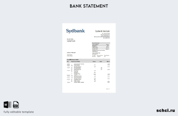 цифровая загрузка шаблона слова банковской выписки Дании Sydbank